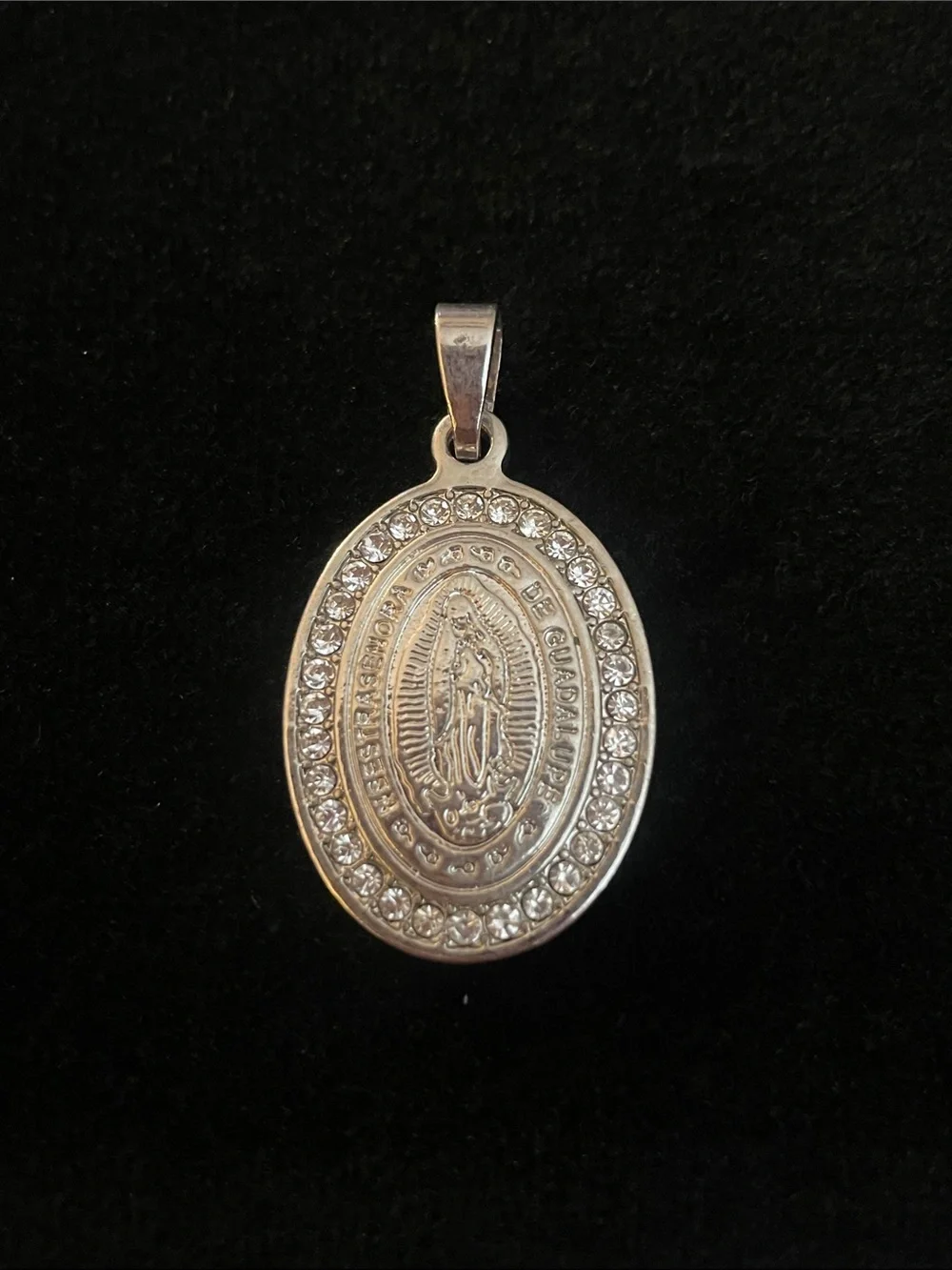 VINTAGE silver-tone oval Our Lady of Guadalupe pendant features a pavé crystal!